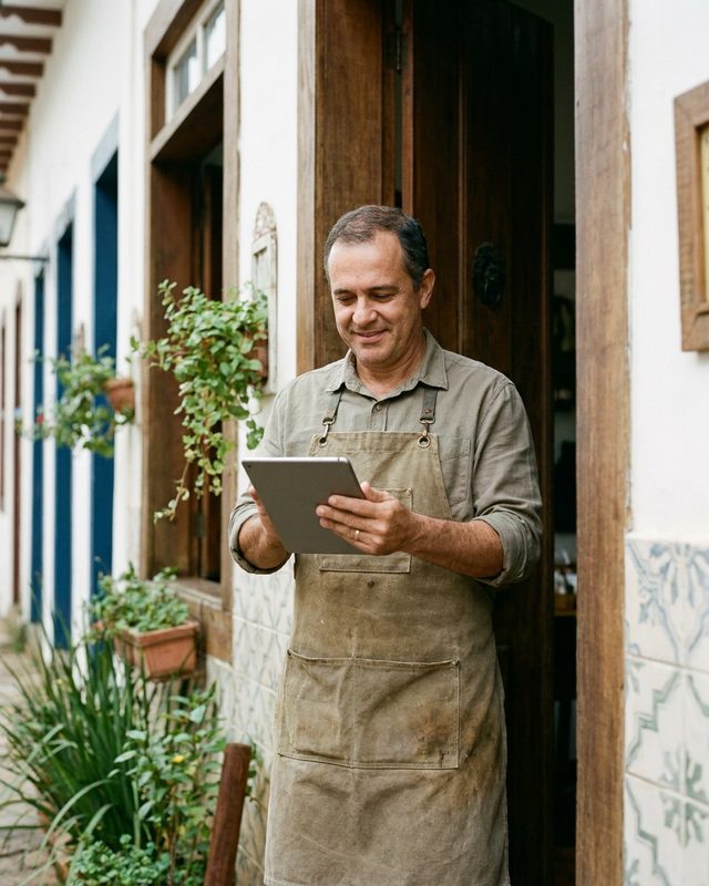 Empreendedor na porta do seu comércio com tablet